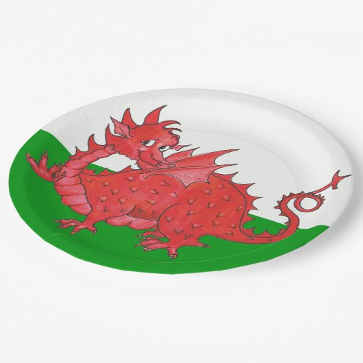 緑および白書のプレートのかわいく赤いドラゴン ペーパープレート (アングル)