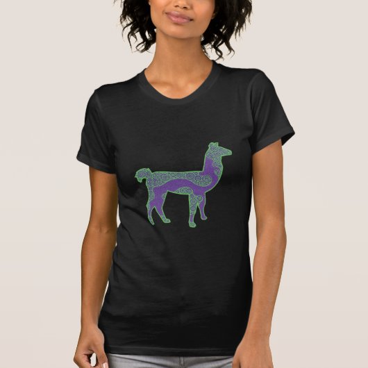 緑および紫色のラマのワイシャツ Tシャツ (正面)