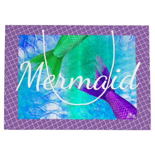 緑および紫色の人魚の尾及びスケール ラージペーパーバッグ (正面)