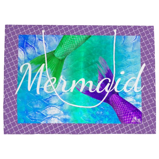 緑および紫色の人魚の尾及びスケール ラージペーパーバッグ (裏面)