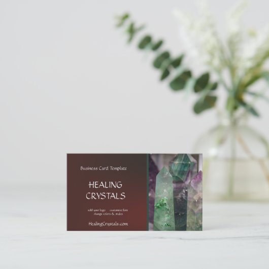 緑および紫色の螢石の治療の水晶 名刺 (スタンド正面)