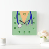 緑および聴診器の時計4の獣医はごしごし洗います スクエア壁時計 (ホーム)