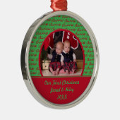 緑および赤初めてのクリスマスの写真のオーナメントを結び付けます メタルオーナメント (右)