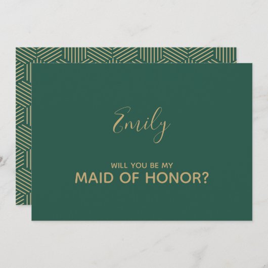 緑および金ゴールドのメイド・オブ・オーナー（花嫁付き添い人） 招待状 (正面/裏面)