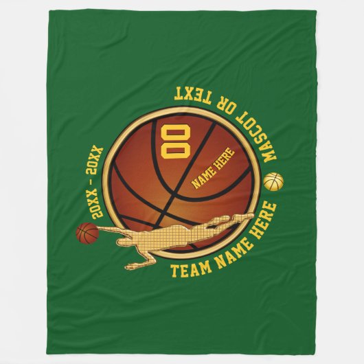 緑および金ゴールドの男の子のバスケットボール年長夜ギフト フリースブランケット (正面)
