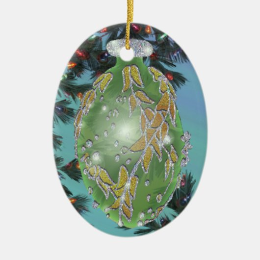 緑および銀のガラス球 セラミックオーナメント (正面)