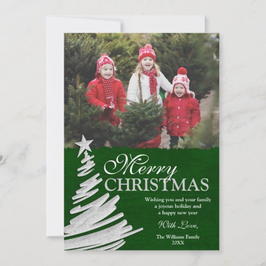 緑および銀製のクリスマスツリーの休日の写真カード シーズンカード (正面)