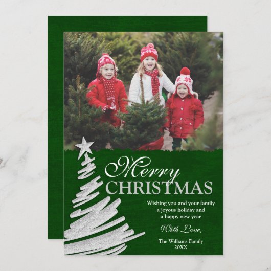 緑および銀製のクリスマスツリーの休日の写真カード シーズンカード (正面/裏面)
