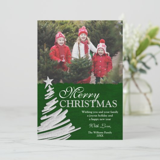 緑および銀製のクリスマスツリーの休日の写真カード シーズンカード (スタンド正面)