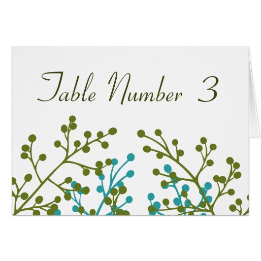 緑および青の結婚披露宴のテーブルカード (正面横)