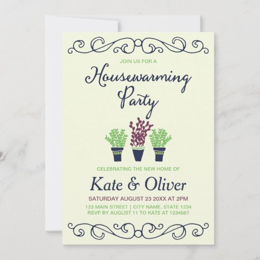 緑および青の鉢植えな植物の引っ越し祝いパーティーのパーティー 招待状 (正面)