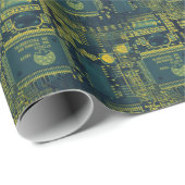緑および黄色のプリント回路パターンカッコいいオタク系の ラッピングペーパー (ロールコーナー)
