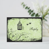 緑および黒い鳥かごの仲の良い恋人同士の応答カード 出欠カード (スタンド正面)