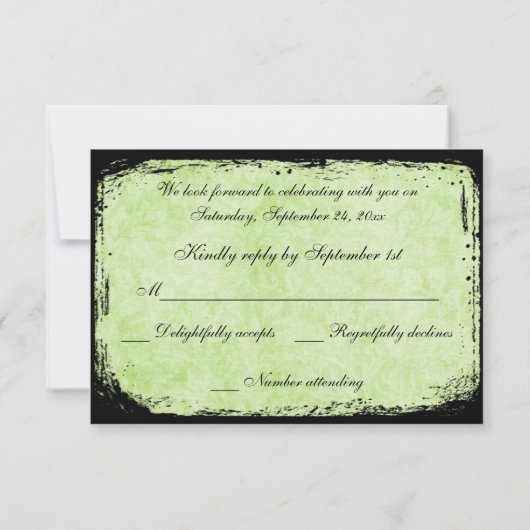 緑および黒い鳥かごの仲の良い恋人同士の応答カード 出欠カード (裏面)