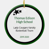 緑および黒のブルネットの女の子のバスケットボール選手 セラミックオーナメント (裏面)