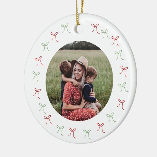 緑お洒落と赤の手描き弓フレームの写真 セラミックオーナメント (左)