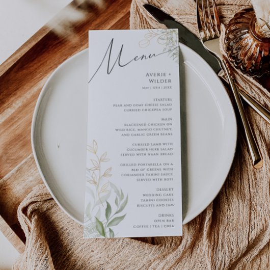 緑お洒落と金ゴールドのディナ結婚ーメニュー メニュー