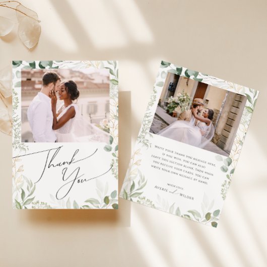 緑お洒落と金ゴールドのフラットフォト サンキューカード