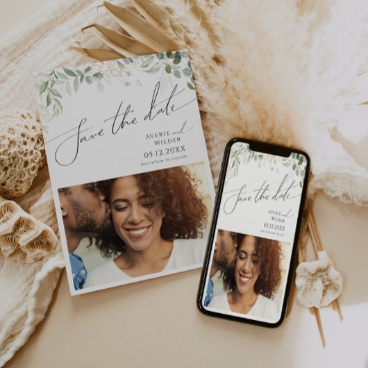 緑お洒落と金ゴールドの写真の保存日付 セーブザデート