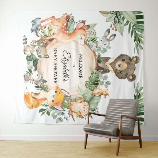 緑お洒落の森の赤ん坊の動物へようこそ タペストリー (インサイチュ(横))