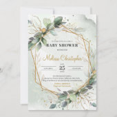 緑お洒落の葉の金ゴールド幾何学的ベビー 招待状 (正面)