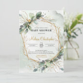 緑お洒落の葉の金ゴールド幾何学的ベビー 招待状 (スタンド正面)