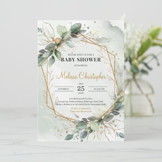 緑お洒落の葉の金ゴールド幾何学的ベビー 招待状 (スタンド正面)
