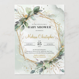 緑お洒落の葉の金ゴールド幾何学的ベビー 招待状