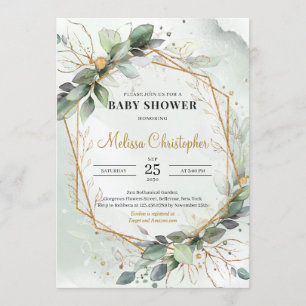 緑お洒落の葉の金ゴールド幾何学的ベビー 招待状