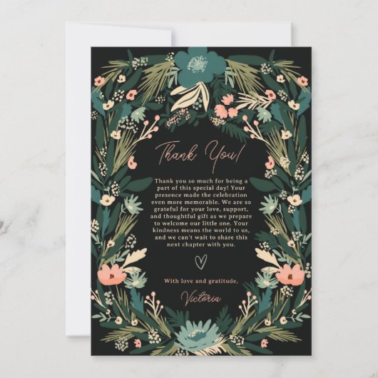 緑お洒落エレガント色のピンクのフローラ赤ちゃんシャワー サンキューカード (正面)