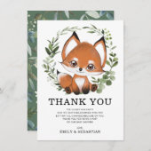 緑お洒落キツネワイルドワンフォレストベビーシャワー サンキューカード (正面/裏面)