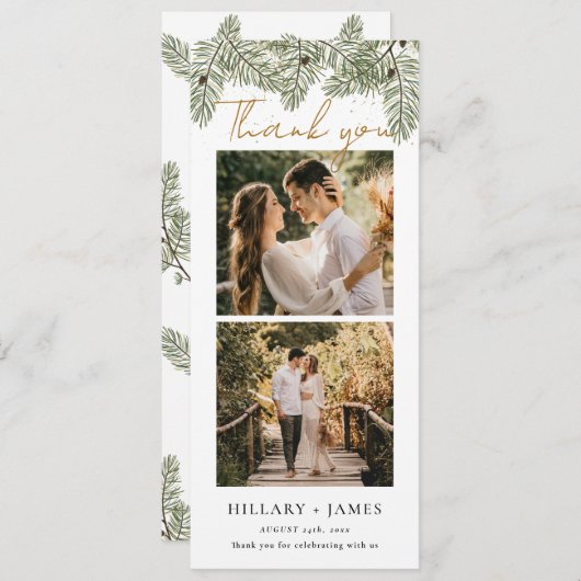 緑お洒落松フォトストリップサンキューカード 招待状 (正面/裏面)