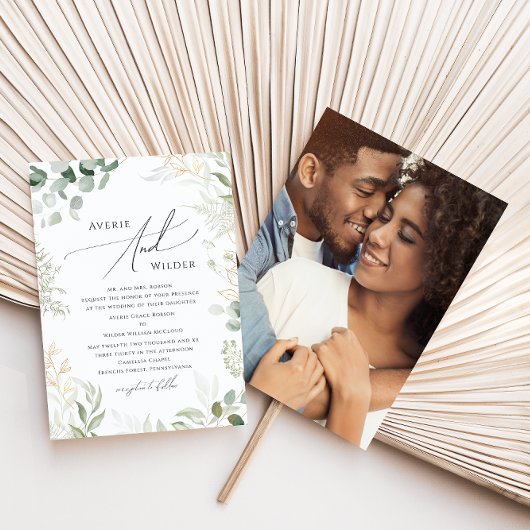 緑お洒落色の金ゴールド写真伝統的結婚の 招待状