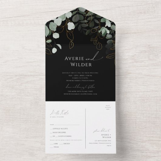 緑お洒落色の黒い金ゴールドシカジュアルールと送信 オールインワン招待状 (内側)