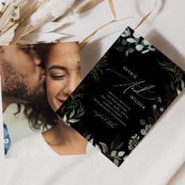 緑お洒落色の黒い金ゴールド写真カジュアル結婚の 招待状