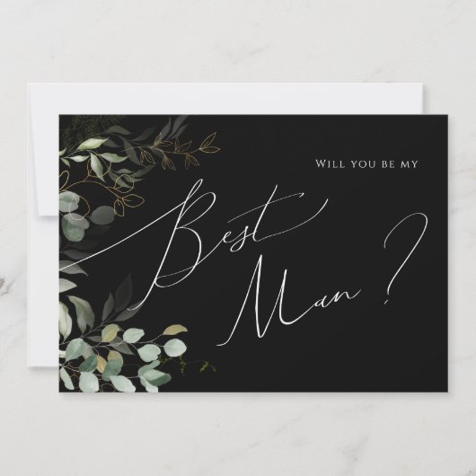 緑お洒落色の黒と金ゴールド花婿介添人カード 招待状 (正面)