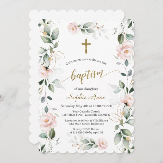 緑お洒落色ピンクフローラ金ゴールドクロスバプテスマ 招待状 (正面/裏面)