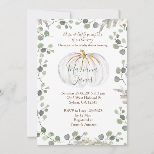 緑かぼちゃの赤ちゃんシャワーの水色 招待状 (正面)