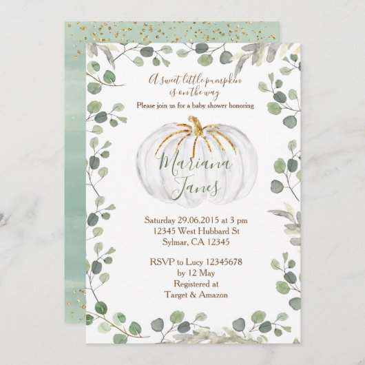 緑かぼちゃの赤ちゃんシャワーの水色 招待状 (正面/裏面)