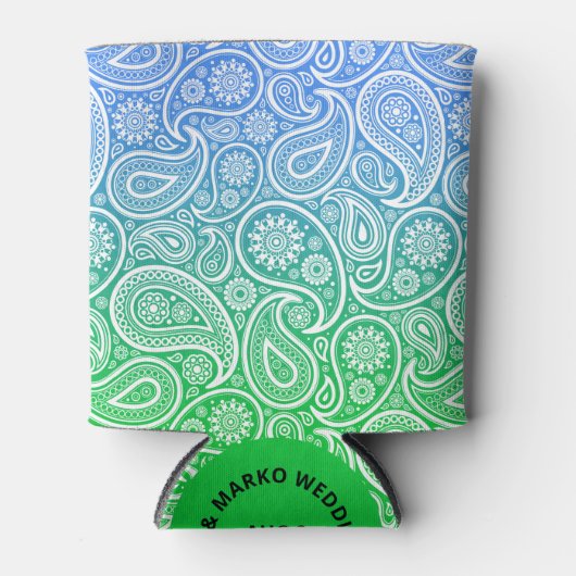 緑から青への白いペイズリーパターグラデーションン 缶クーラー (正面)