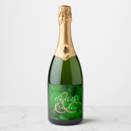 緑から黒へ絵を描の水色の渦巻き スパークリングワインラベル (正面)