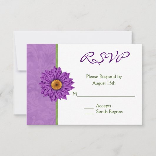 緑かわいらしと紫の花結婚式RSVPカード 出欠カード (正面)