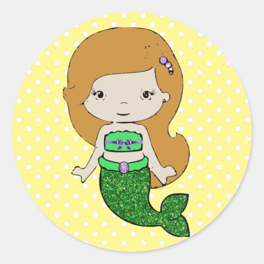 緑かわいらしと黄色の人魚のシール ラウンドシール (正面)