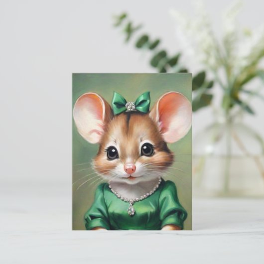 緑かわいらしのドレスアート付きマウス ポストカード (スタンド正面)