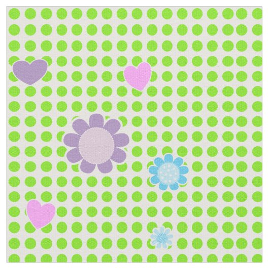 緑かわいらしの白い斑点Ditsy花とハート ファブリック (クローズアップ)