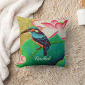 緑かわいらしの鳥と花 クッション (ブランケット)