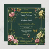 緑かわいらしフローラと蝶結婚のデザイン 招待状 (正面/裏面)