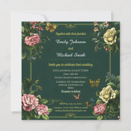 緑かわいらしフローラと蝶結婚のデザイン 招待状