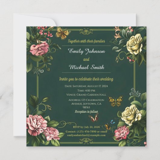 緑かわいらしフローラと蝶結婚のデザイン 招待状 (正面)