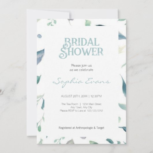 緑かわいらし色縁ど白ブライダルシャワー 招待状 (正面)